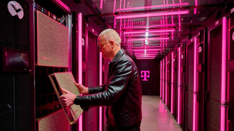 Andreas Falkner, Telekom-Verantwortlicher für das KI-Rechenzentrum in München, öffnet die Blende eines Nvidia-GPU-Servers.  (Bild:  Deutsche Telekom AG / Cindy Albrecht / Robert Dieth)