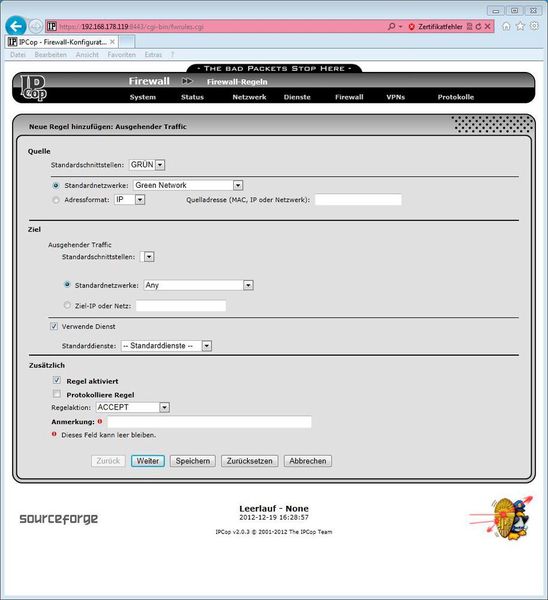 Administratoren können über das Webinterface von IPCop weitere Regeln hinzufügen und so die Firewall erweitern. Dazu ist kein Linux-Wissen notwendig, aber etwas Know How im Bereich Netzwerkdatenverkehr. (Joos)