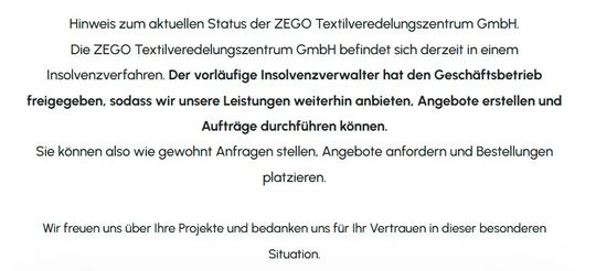 Hinweis auf der Startseite von Zego: Der Geschäftsbetrieb kann trotz laufendem Insolvenzverfahren fortgeführt werden.(Bild:  Vogel IT-Medien GmbH)