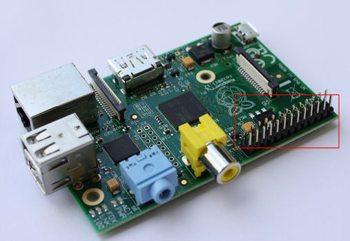 Raspberry Pi Modell B: Über die frei programmierbare Schnittstelle GPIO (rot) lassen sich verschiedendste Geräte, etwa Displays, ansteuern (Bild: Farnell)