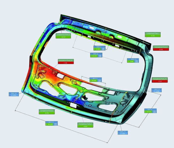 Die Heckklappe eines Kia: Komplizierte Prüfung von 3D-Form- und Lagetoleranzen und einfache Vergleiche zwischen CAD- und Scandaten zeichnen Rapidform-XO Verifier aus.  Abweichungen werden durch selbst definierbare Falschfarben dargestellt. (Archiv: Vogel Business Media)