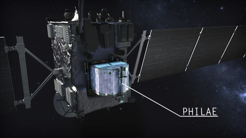 Seit dem Start 2004 trägt Rosetta den kleinen Lander Philae wohl behütet vor all den rauen interplanetarischen Gegebenheiten durchs All. (Video-Still aus 