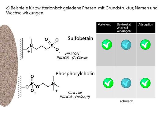 Abb.3c) Schema für zwitterionische Phasen mit Beispielen zu Grundstruktur, Namen und Wechselwirkungen(Bild:  AFIN-TS)