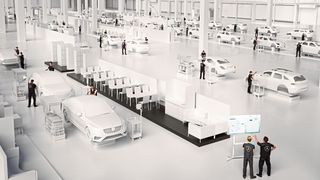 Elektroautos, Self-Driving-Cars oder Fahrzeuge mit Verbrennungsmotor – in der Factory 56 laufen die unterschiedlichsten Modelle auf einer Montagelinie.  (Daimler)