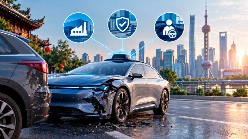 In China sollen zukünftig Automobilhersteller haften, wenn im autonomen Fahrmodus Verkehrsregeln verletzt werden und es beispielsweise zum Unfall kommt. (Bild:  erstellt mit KI)