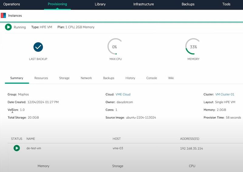 Die Provisioning-Ansicht einer HPE VM mit 1 CPU und 2 GB Memory nennt Cloud, Cluster, das Quell-Image ubuntu-2204 und eine Bereitstellungszeit von 58 Sekunden. (Bild: Joos | HPE)