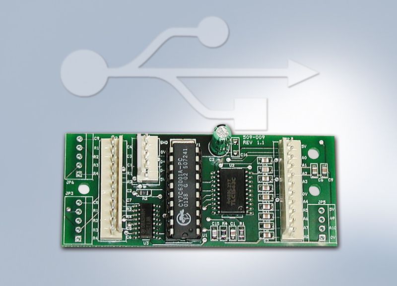 Die USB-Platine in ihrer Standardkonfiguration für Joysticks mit Potentiometern und Hall-Effekt-Sensoren. (Bild: Megatron)