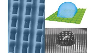 Links: Mikrometerfein strukturierte Polystyroloberfläche für mikrofluidische Anwendungen. Rechts: Statische Benetzung einer solchen Oberfläche mit Wasser - Simulation und Experiment (Bild: Fraunhofer)