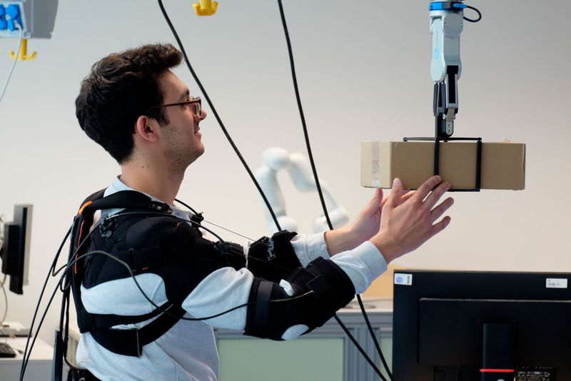Forscher Federico Masiero nimmt ein Päckchen von einem Roboter (von Neura Robotics) entgegen.  (Bild: Andreas Schmitz / TUM)