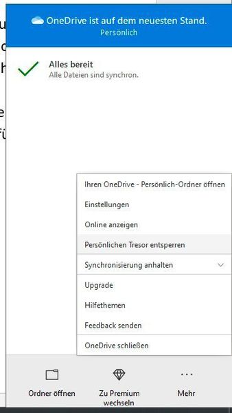 Im OneDrive-Client in Windows kann der Zugriff auf den Tresor ebenfalls entsperrt werden.
 (Th. Joos)