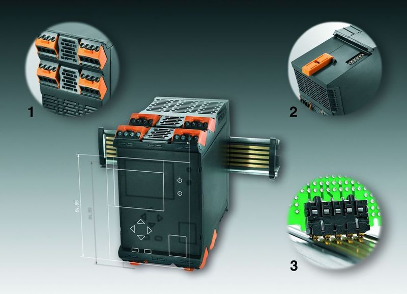 Das Weidmüller Elektronikgehäuse-System für individuelle Elektroniklösungen Omnimate Housing CH20M-67: Detail 1: Ungenutzte Steckplätze oder Anschlüsse können mir einer Abdeckung dauerhaft und sicher verschlossen werden. Detail 2: Integrierte Rastfuß sorgt für eine einfache, sichere und vibrationsbeständige Befestigung auf der DIN-Tragschiene. Detail 3: Die Kontaktierung zum Tragschienenbus erfolgt zuverlässig durch fünf voll galvanisierte und teilvergoldete Twin-Bogenkontakte (Archiv: Vogel Business Media)