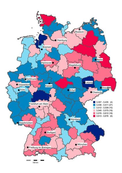 Psychologische Deutschlandkarte zum Merkmal Gewissenhaftigkeit (rote Werte: hoch, blaue Werte: niedrig). (Obschonka, Wyrwich, Fritsch, Gosling, Rentfrow, Potter)
