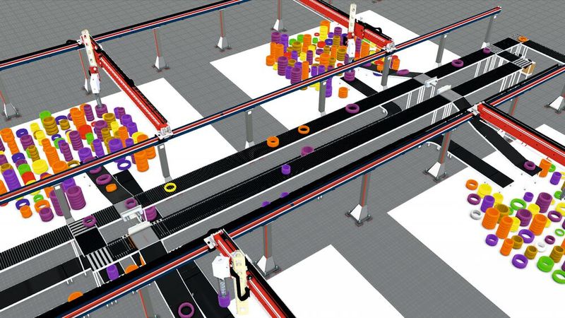 Welcher Reifen kommt wohin? Das entscheidet der Materialflussrechner, der die Reifen-Information über einen Barcodescanner erhält. (Bild: Visual Components)