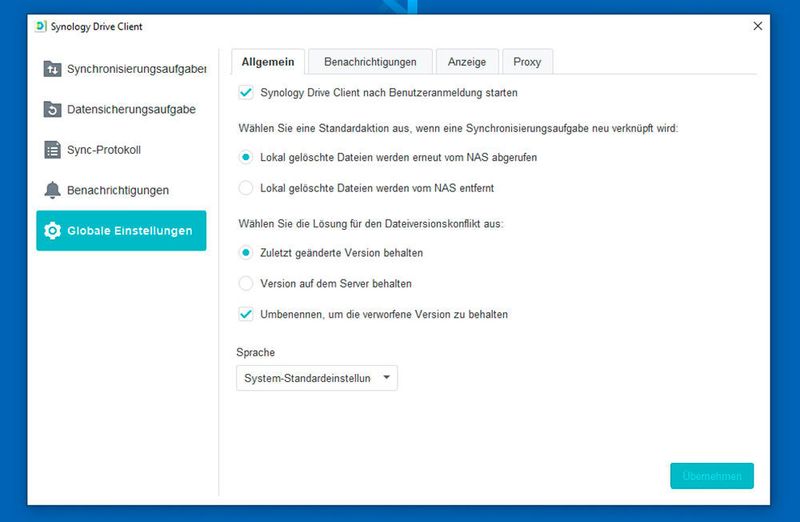 In den globalen Einstellungen kann der Synology Drive-Client umfassend angepasst werden.  (Joos/Synology)