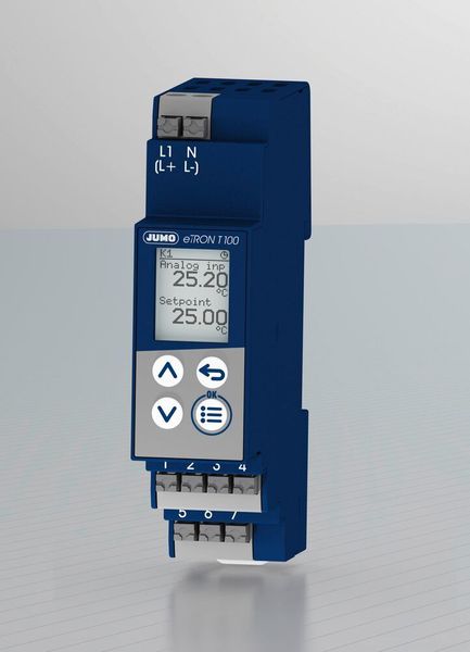 Der elektronische Thermostat zur Hutschienenmontage Jumo Etron T100 wurde speziell für die Temperaturregelung und -überwachung entwickelt. Neben den Eingangssignalen für Widerstandsthermometer und Thermoelemente steht zum Anschluss weiterer Prozessgrößen auch ein Messeingang 0 (4) bis 20 mA zur Verfügung.  (Jumo)