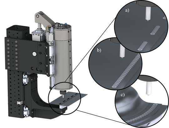 CAD design of the second prototype of the friction stir welding gun (stitch welder) with various welding modes for creating spot, line or 3D seams.(Image: Image: Dominik Walz, MPA, University of Stuttgart)