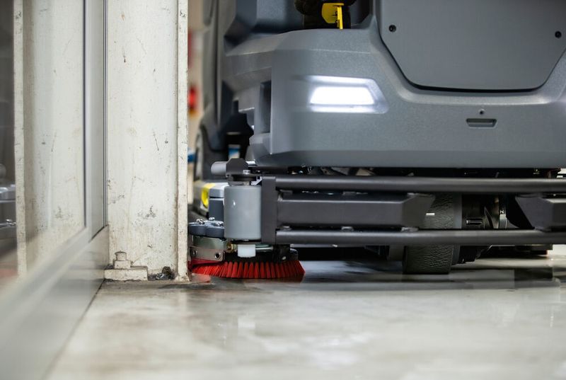 Ein optional verfügbares Seitenschrubbdeck kann rechts am B 110 R montiert werden. Es erweitert die Arbeitsbreite um 100 mm (deshalb bis 750 mm Arbeitsbreite). Damit kommt man an die Wand näher heran, erklärt Kärcher. (Kärcher / M. Richter)