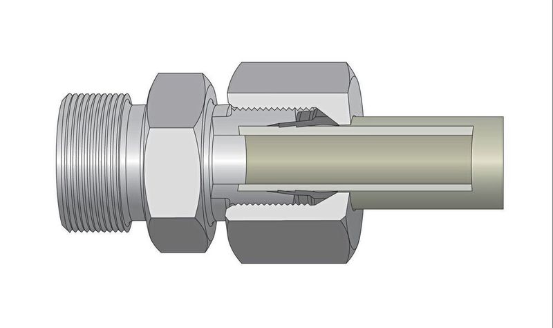 Schematische Darstellung einer Schneidring-Verschraubung in festgezogene Position; Schneidring schwarz. (Härterei Gerster)