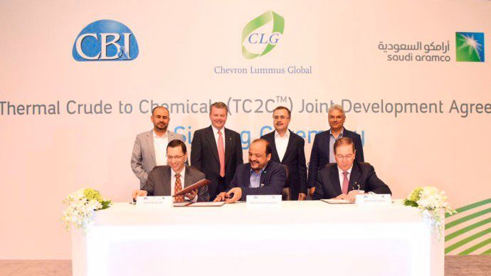 Saudi Aramco, CB&I and Chevron Lummus Global sign Joint Development Agreement to demonstrate and commercialize Thermal Crude to Chemicals (TC2C) technology. (Saudi Aramco)