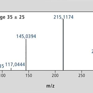 Abb. 3: MS2-Spektrum des Cannabinoids 3-Fluoro AMB bei einer Kollisionsenergie-Rampe von 10-60 eV.(Bild:  Shimadzu)