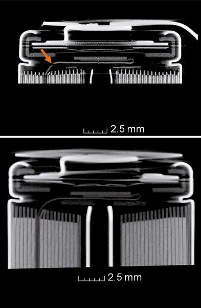Bild 5: Vertikale CT-Schnittebene durch den elektrisch ausgefallenen Akkumulator. (Bild: Hochschule Aschaffenburg)