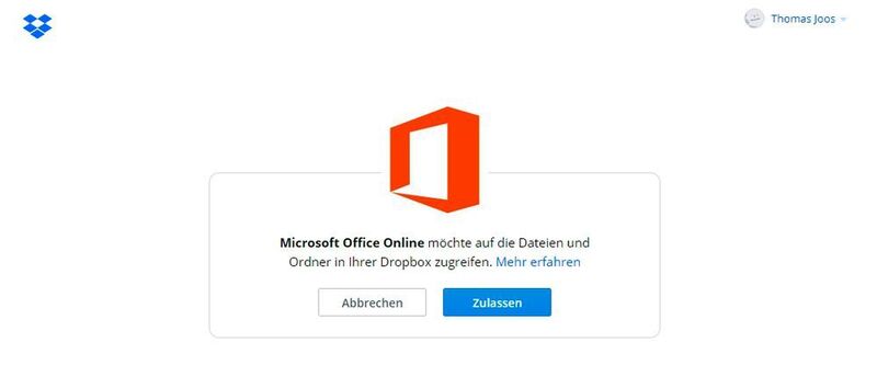 Microsoft Office Online braucht Zugriff auf Dropbox für das Öffnen von Dokumenten. (Joos/Dropbox (Screenshot))