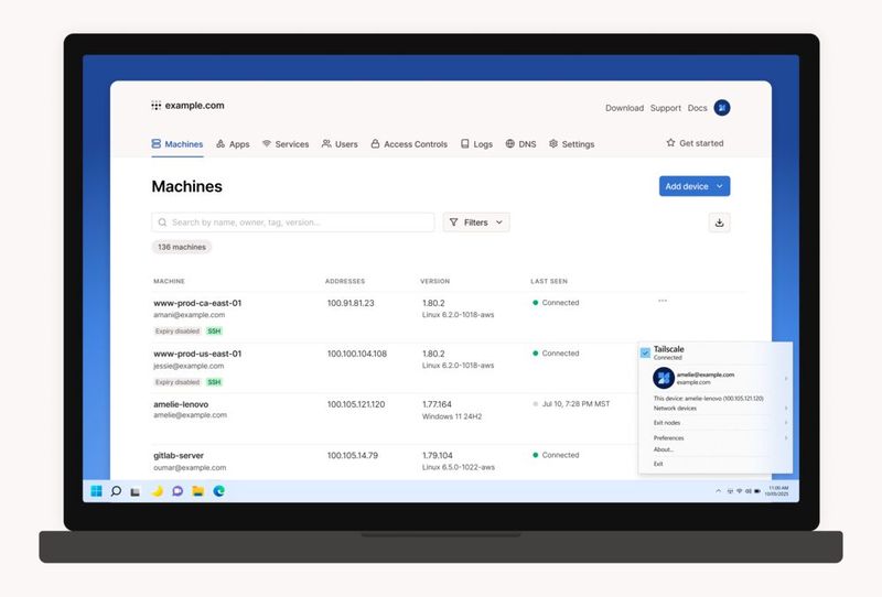 Geräte unter Windows verwalten: Die Tailscale-App integriert sich in die Windows-Taskleiste und ermöglicht Benutzern schnellen Zugriff, während die Admin-Konsole alle verbundenen Geräte anzeigt. (Bild: Tailscale)