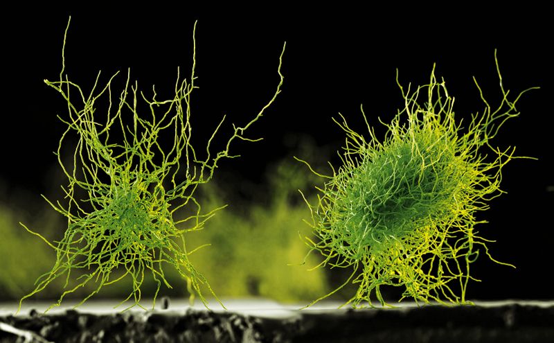 Die Schimmelpilzart Aspergillus niger ist von Natur aus in der Lage, verschiedene technisch nutzbare Enzyme wie Phytase, Glucanase und Xylanase zu bilden. Allerdings produziert der Pilz auf natürlichem Wege nur geringe Mengen dieser Biokatalysatoren. Mit Hilfe gentechnischer Methoden wurde dieser Mikroorganismus so optimiert, dass er – sozusagen wie eine lebende Fabrik – große Mengen an Phytase und anderen Enzymen herstellt. Vergrößerung 180:1 (bei 12cm Bildbreite). (Bild: BASF)