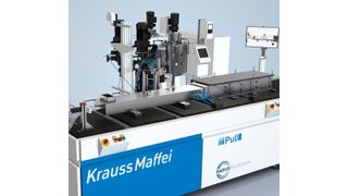 Mit einem neuen Ansatz will die Krauss-Maffei Reaktionstechnik, wie es heißt, die Pultrusion, das Strangziehverfahren zur kontinuierlichen Herstellung hochgefüllter faserverstärkter Kunststoffbauteile, auf ein neues Leistungsniveau bringen. Im Mittelpunkt der Entwicklung stehe eine neue wirtschaftliche Systemlösung: die iPul-Pultrusionsanlage. (Zu sehen auf der JEC world in Paris, im Pavillon 6 am Stand B 38) (Krauss-Maffei)