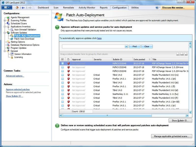 Im Bildschirm oben wird ein Scan ohne Hilfe von Agenten gezeigt. Die automatische Schwachstellenbehebung lässt sich jedoch problemlos für Scans mithilfe von Agenten einrichten, wenn der Agent auf dem Zielcomputer bereitgestellt wird. (Bild: GFI Software)