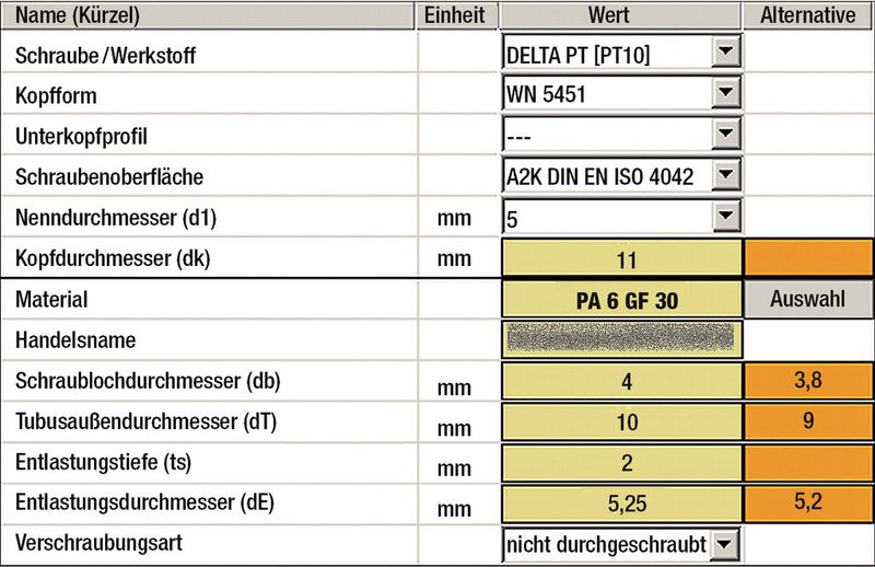 Bild 2: Die Konfiguration der Schraube und des Einschraubdoms mit Delta Calc.  (Bild: Ejot)