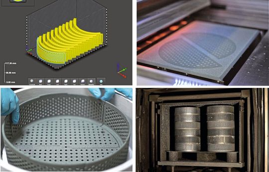 Bild 4: Digitalisierte Produktionskette für Brennkörben aus siliziuminfiltriertem Siliziumcarbid (SiSiC). Links oben, die schnelle Bauteilsegmentierung und -packung im Bauraum. Rechts oben, der Zeit- und ressourceneffiziente Druck mittels Binder Jetting. Links unten, die Montage der Grünsegmente vor der Ofenbehandlung zur Infiltration. Rechts unten, die fertig infiltrierten und dabei zusammengefügten Körbe im Pyrolyseofen.(Bild:  Fraunhofer-ISC)