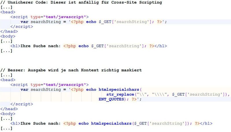 Unsicherer Sourcecode, in Web-Anwendungen. Diese häufig anzutreffende Schwachstelle, erlaubt einen Cross-Site-Scripting-Angriff, bedingt durch eine schwache Formatierung. (Securai)