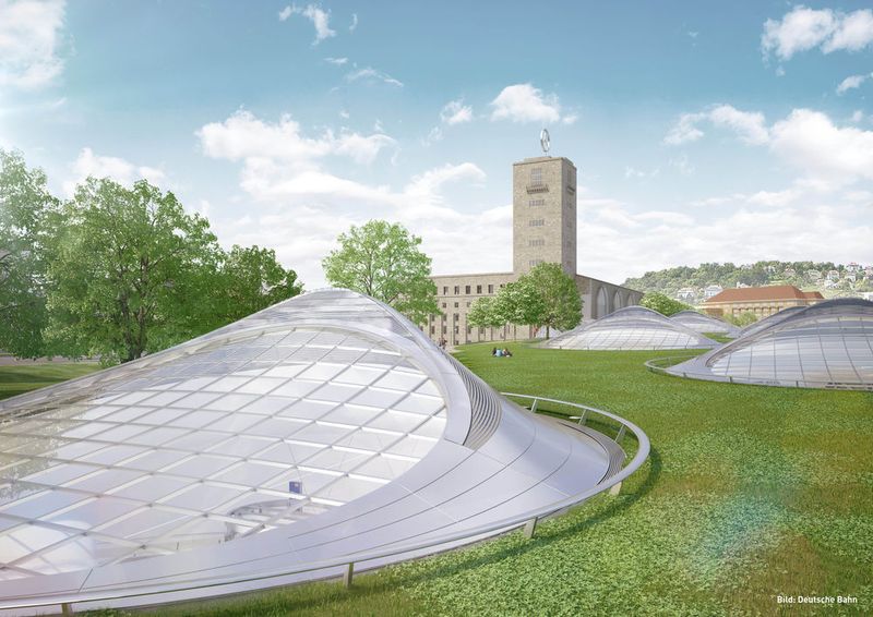 Die gewaltigen Kelchstützen sollen später das Dach der unterirdischen Bahnhofshalle tragen und den Einfall von Tageslicht ermöglichen. (Deutsche Bahn)