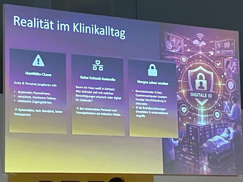 Die Speaker stellten die Secanda ID als umfassende Identifikationslösung für Kliniken vor und thematisierten die Probleme im Klinikalltag. (Bild: @ Serina Sonsalla)