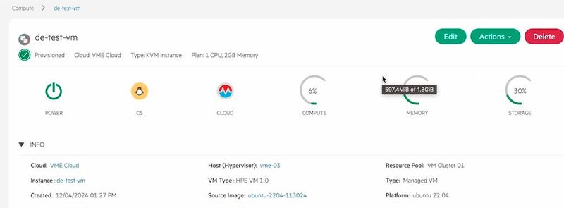 Die Detailansicht der KVM-Instanz de-test-vm zeigt den Hypervisor vme-03, den VM-Typ HPE VM 1.0 und die Plattform Ubuntu 22.04. (Bild: Joos | HPE)
