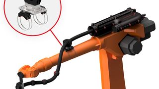 Anwendungsbeispiel: Das flexible Haltersystem FHS mit Drehlager besteht aus zwei rutschfesten Grundkörpern vom Typ FHS-SH-G, die mit Metallkabelbindern am Roboterarm befestigt sind. Auf die zwei Grundkörper wurde eine Adapterplatte und ein 360 Grad-Drehlager verschraubt, auf das wiederum ein Systemhalter montiert wurde. (Bild: Murrsystems)