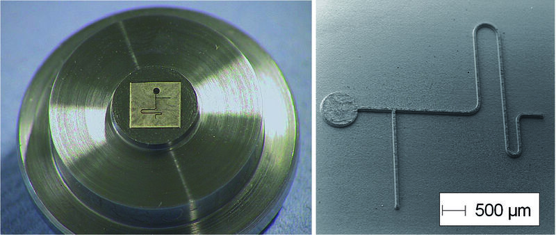 Bild 2: 
Formeinsatz aus X23CrNi17 für das Heißprägen mikrofluidischer Komponenten. a Formeinsatz, 
b vergrößerte mikrofluidische Komponente (Archiv: Vogel Business Media)