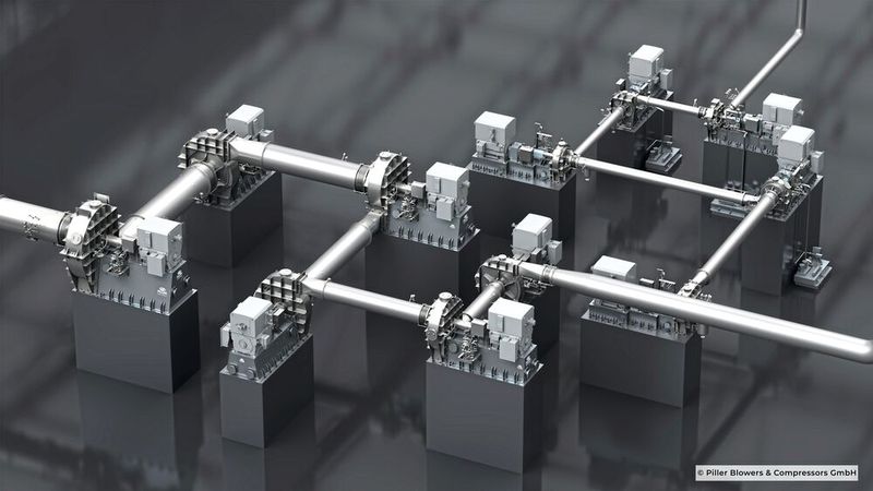 Exemplarische Darstellung einer 11-stufigen Verdichteranlage von Piller: Sechs VapoFlex-Maschinen (Zug 1) und fünf weitere VapoFlex (Zug 2). (Bild: Piller Blowers & Compressors)