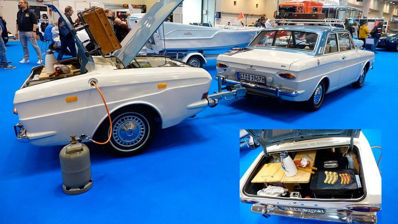 Ein Anhänger der ausgefallenen Art: Während der „Motorraum“ als zusätzlicher Kofferraum, unter anderem für Werkzeug, fungiert, dient der „Kofferraum“ als rollender Grill – coole Idee. (Bild: Dominsky – VCG)