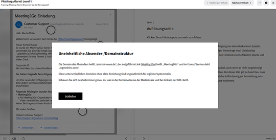 Anhand echter Phishing-Nachrichten lernen Mitarbeiter, verdächtige Merkmale zu identifizieren und psychologische Tricks der Angreifer zu durchschauen.(Bild:  G Data CyberDefense)