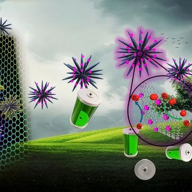 Aufbau eines bifunktionellen Katalysatorverbunds (Mitte). Er besteht aus nanoskaligen Nickel-Ferrit-Partikeln, die an der Oberfläche mit Kohlenstoff-Nanohörnern verankert sind. Zusammen ergeben sie mit dem Elektrolyten und einer Kohlenstoffananode die wiederaufladbare Zink-Luft-Batterie. (Bild: TU Darmstadt)