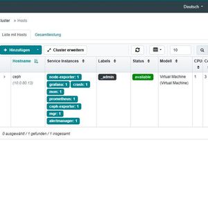 Das Ceph-Dashboard zeigt unter „Hosts“ den Cluster-Knoten mit seinen laufenden Diensten, darunter „mon“, „mgr“, Prometheus und Grafana.(Bild:  Joos)