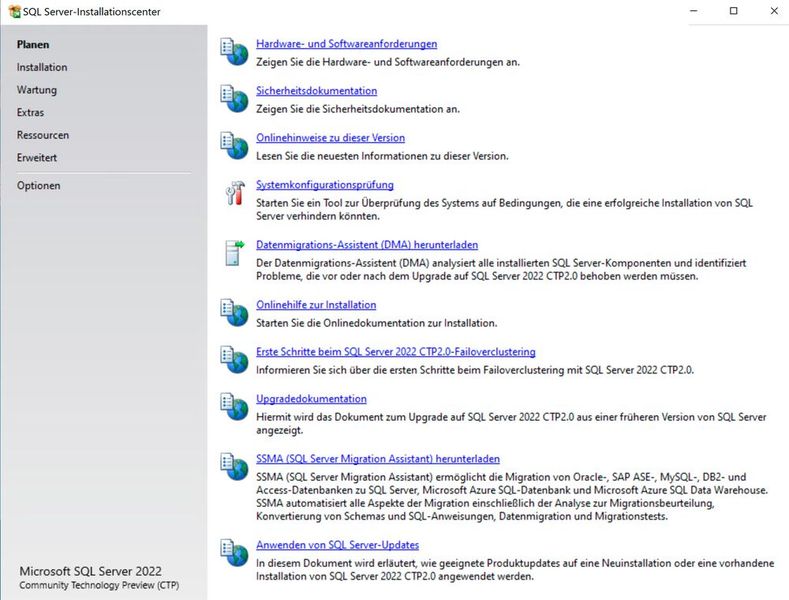 Starten des SQL-Server-2022-Installationscenters zur Installation von SQL Server 2022.   (Bild: Joos (Screenshot))
