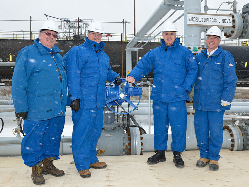 Commemorating the first barrels of Marcellus Shale based ethane at NOVA Chemicals' Corunna facility Pictured: MPP Bob Bailey, MPP for Sarnia-Lambton Mayor Steve Arnold, Mayor St. Clair Township Randy Woelfel, CEO Tom Thompson, Regional Manufacturing Director, Sarnia (Picture: Nova Chemicals)