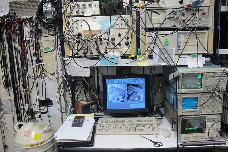 Das Rastertunnelmikroskop der IBM Forscher in Almaden (Kalifornien) wird über einen herkömmlichen PC gesteuert ( IBM research)