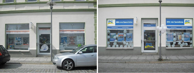 Der Markenname als Wiedererkennungsmerkmal für den Kunden. Hier die Außenfassade des PC-Spezialist Hoyerswerda: links vor dem Beitritt, rechts danach. (Archiv: Vogel Business Media)