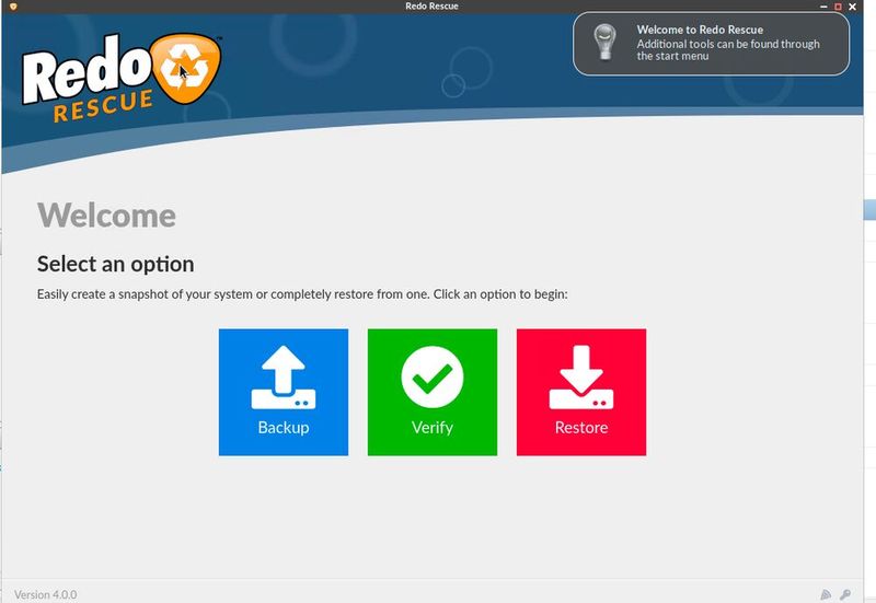 Hauptoberfläche von Redo Rescue mit den zentralen Funktionen „Backup“, „Verify“ und „Restore“ zur Steuerung von Sicherung, Integritätsprüfung und Wiederherstellung. (Bild: Joos – Zebradots Software)