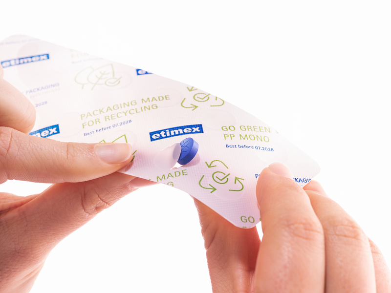 Le nouvel emballage des comprimés Talcid de Bayer est composé de deux matériaux PP spécifiques : Purelay Pharm pour la face inférieure du blister et Purelay Lid comme film de scellage. Cette combinaison offre une excellente barrière à la vapeur d'eau tout en étant entièrement recyclable.(Bild:  Etimex)