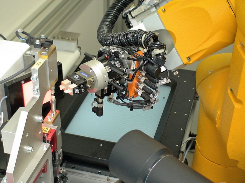 Für das Greifen der Schrauben auf dem Schwingflächenförderer wird ein Stäubli-TX40-Roboter verwendet, welcher die Schrauben dann sequenziell den verschiedenen Stationen zuführt. (Bild: Stäubli)